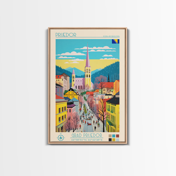 Prijedor Bosnia and Herzegovina Travel Poster Framed Canvas Print, Midcentury Modern Art, Pop Art Wall Decor, Home Decor, Vacation Gift, Bedroom Art