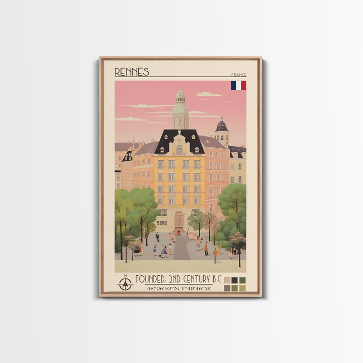 Rennes France Travel Poster Framed Canvas Print, Midcentury Modern Art, Pop Art Wall Decor, Scenic Wall Art, Living Room Decoration, Office Gift