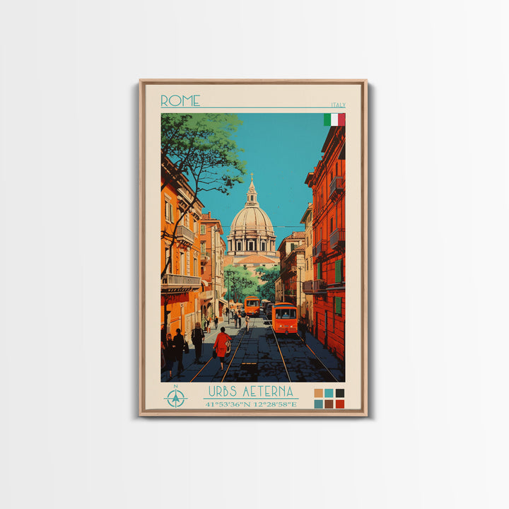 Rome Italy Travel Poster Framed Canvas Print, Midcentury Modern Art, Pop Art Wall Decor, Home Decor, Vacation Gift, Office Art