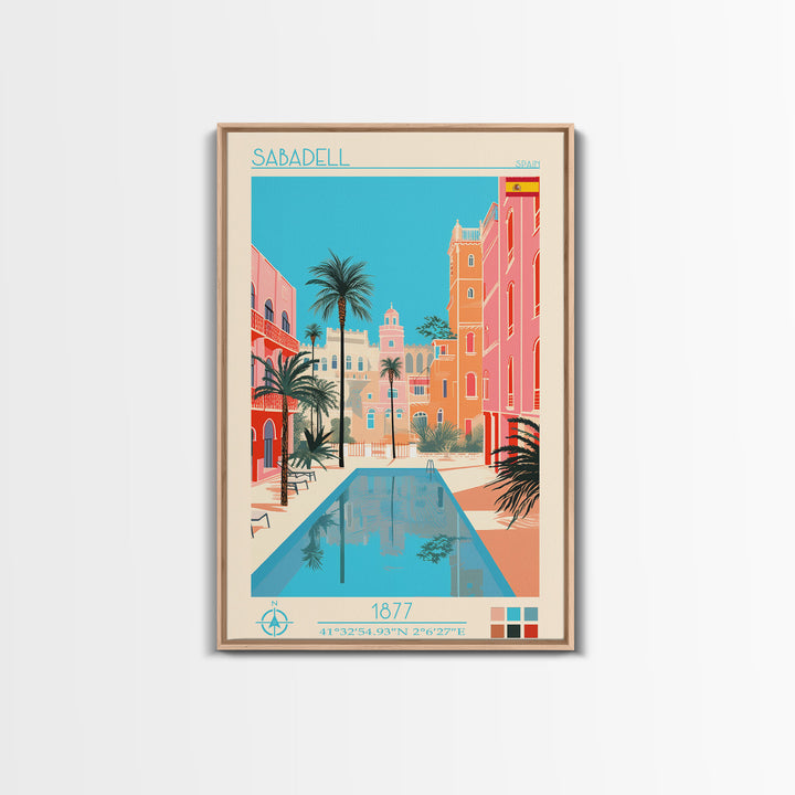 Sabadell Spain Travel Poster Framed Canvas Print, Midcentury Modern Art, Pop Art Wall Decor, Home Decor, Vacation Gift, Office Art