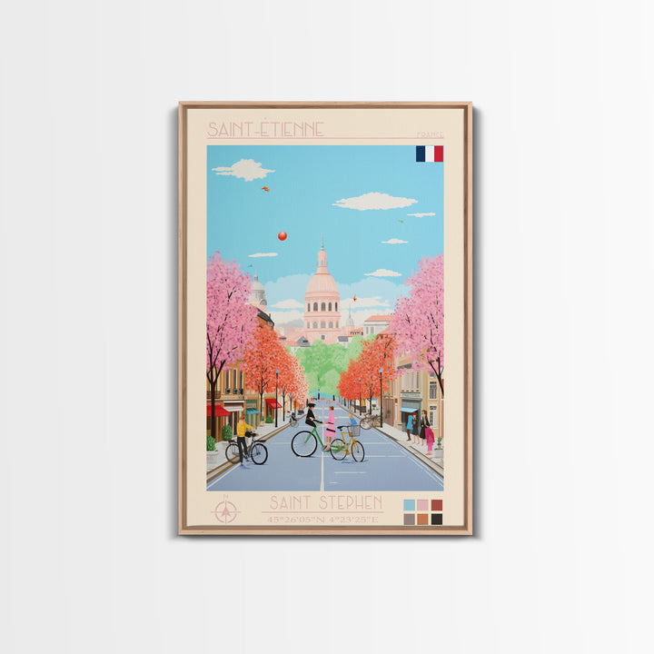 Saint-Étienne France Travel Poster Framed Canvas Print, Midcentury Modern Art, Pop Art Wall Decor, Living Room Art, Vacation Gift