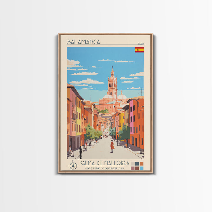 Salamanca Spain Travel Poster Framed Canvas Print, Midcentury Modern Art, Pop Art Wall Decor, Scenic Wall Art, Bedroom Decoration
