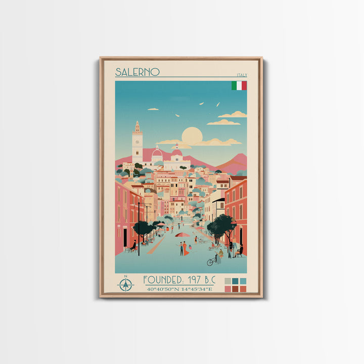 Salerno Italy Travel Poster Framed Canvas Print, Midcentury Modern Art, Pop Art Wall Decor, Home Decor, Office Gift, Living Room Art