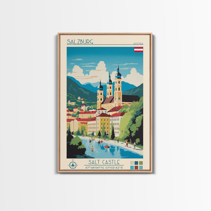 Salzburg Austria Travel Poster Framed Canvas Print, Midcentury Modern Art, Pop Art Wall Decor, Scenic Wall Art, Bedroom Art