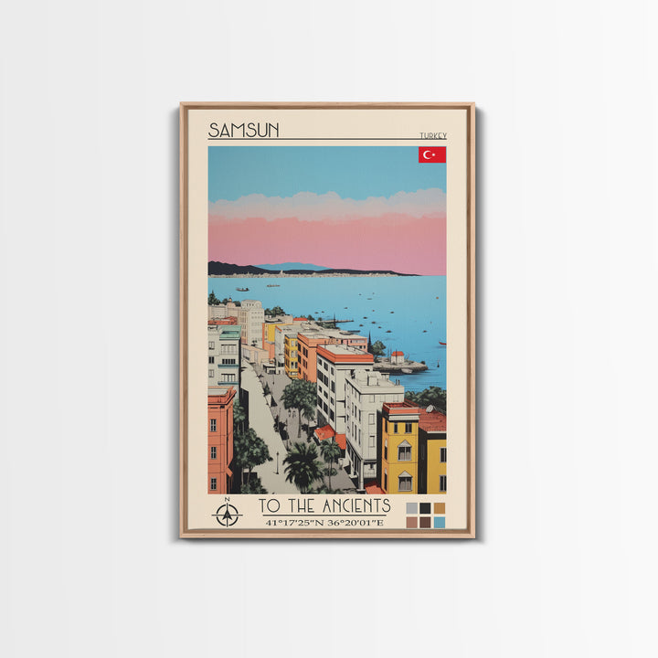 Samsun Turkey Travel Poster Framed Canvas Print, Midcentury Modern Art, Pop Art Wall Decor, Living Room Art, Vacation Gift
