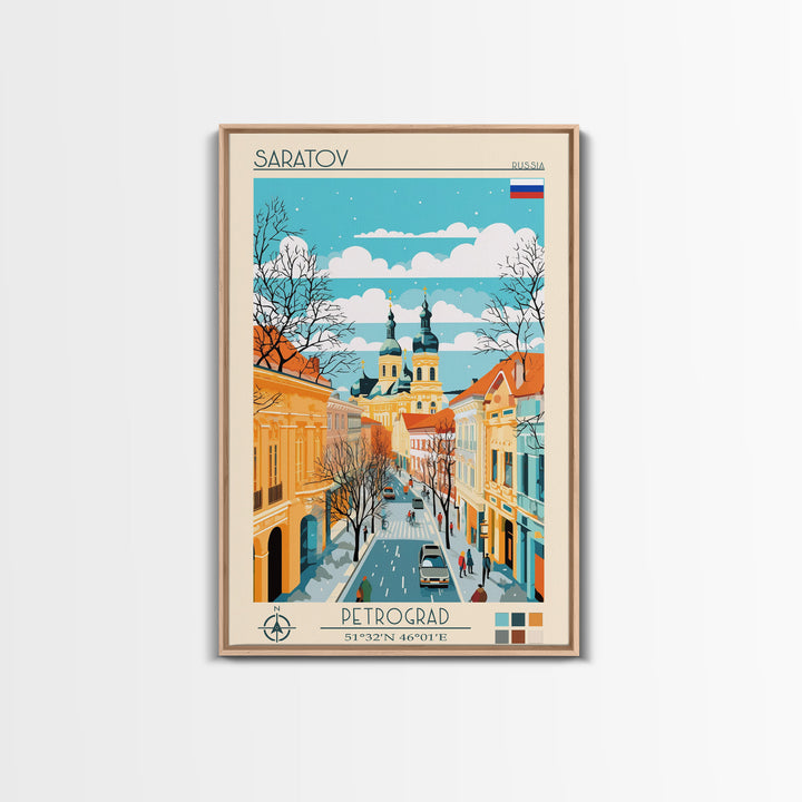 Saratov Russia Travel Poster Framed Canvas Print, Midcentury Modern Art, Pop Art Wall Decor, Home Decor, Vacation Gift
