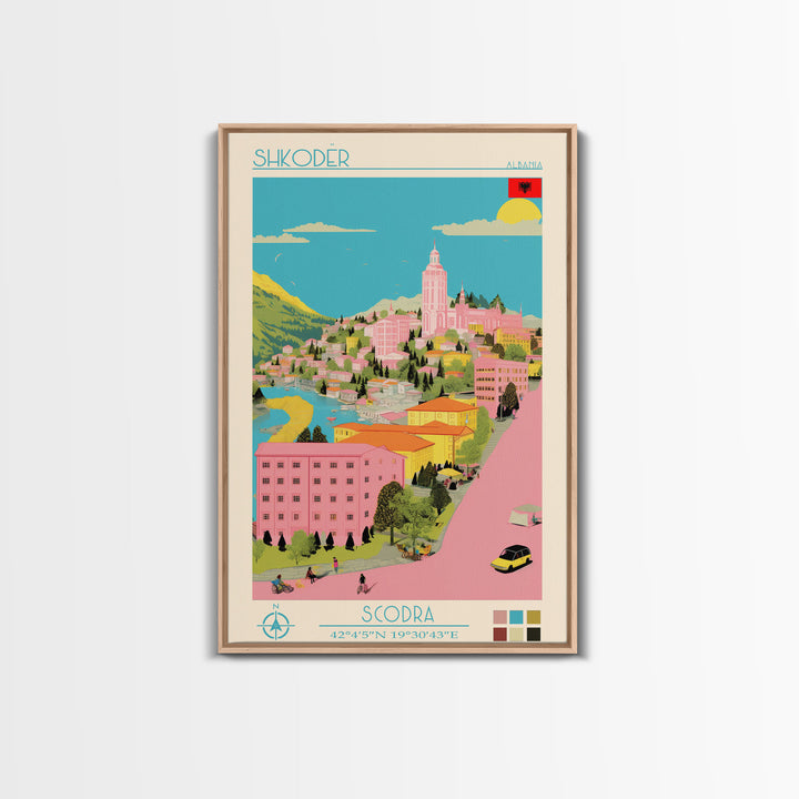 Shkodër Albania Travel Poster Framed Canvas Print, Midcentury Modern Art, Pop Art Wall Decor, Scenic Wall Art, Bedroom Decoration