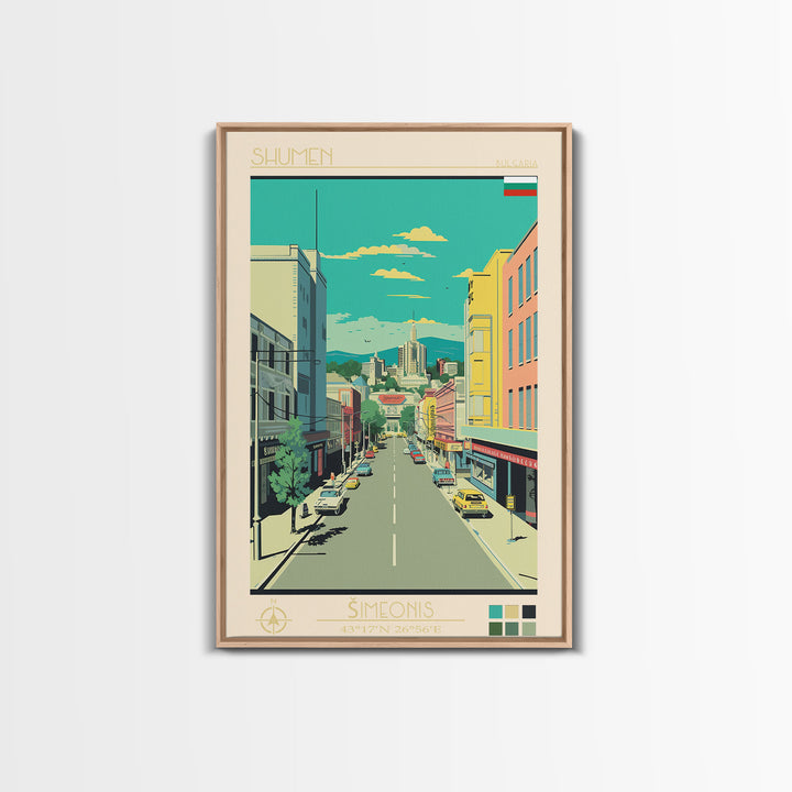 Shumen Bulgaria Travel Poster Framed Canvas Print, Midcentury Modern Art, Pop Art Wall Decor, Home Decor, Office Decoration, Scenic Art