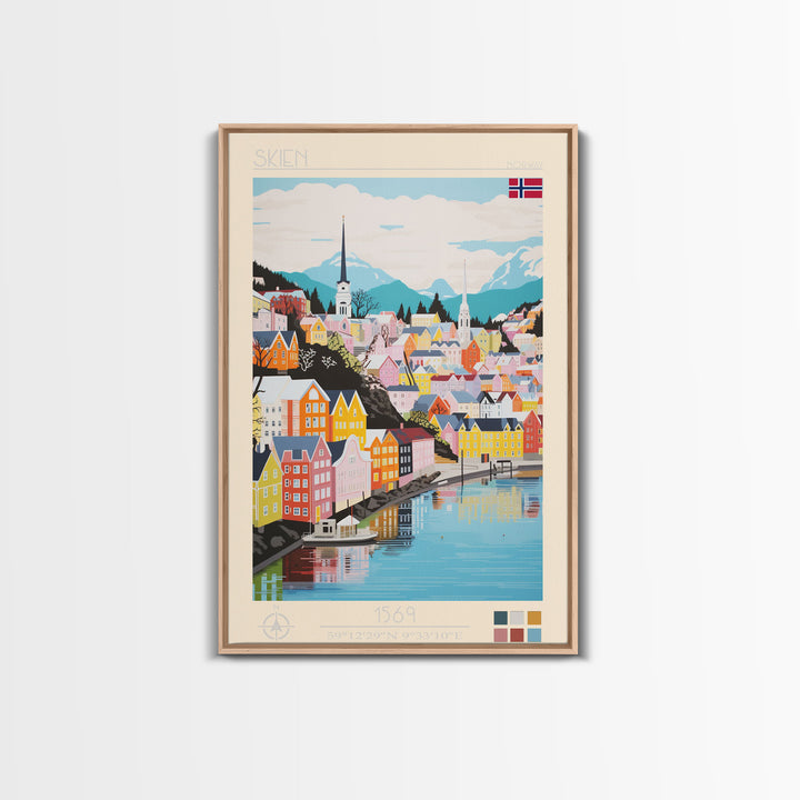 Skien Norway Travel Poster Framed Canvas Print, Midcentury Modern Art, Pop Art Wall Decor, Scenic Wall Art, Bedroom Art