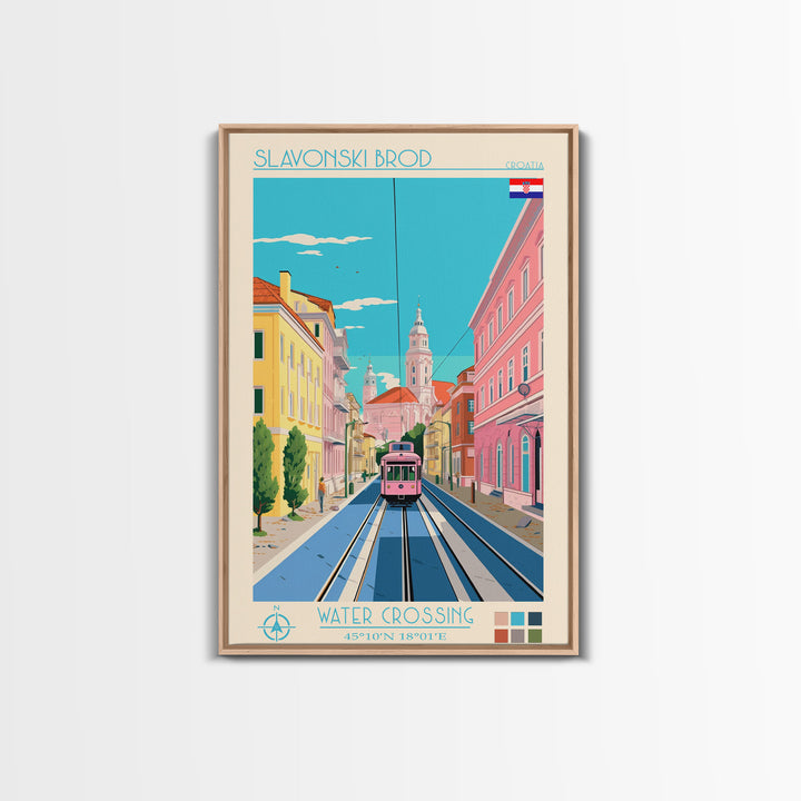 Slavonski Brod Croatia Travel Poster Framed Canvas Print, Midcentury Modern Art, Pop Art Wall Decor, Home Decor, Office Decoration