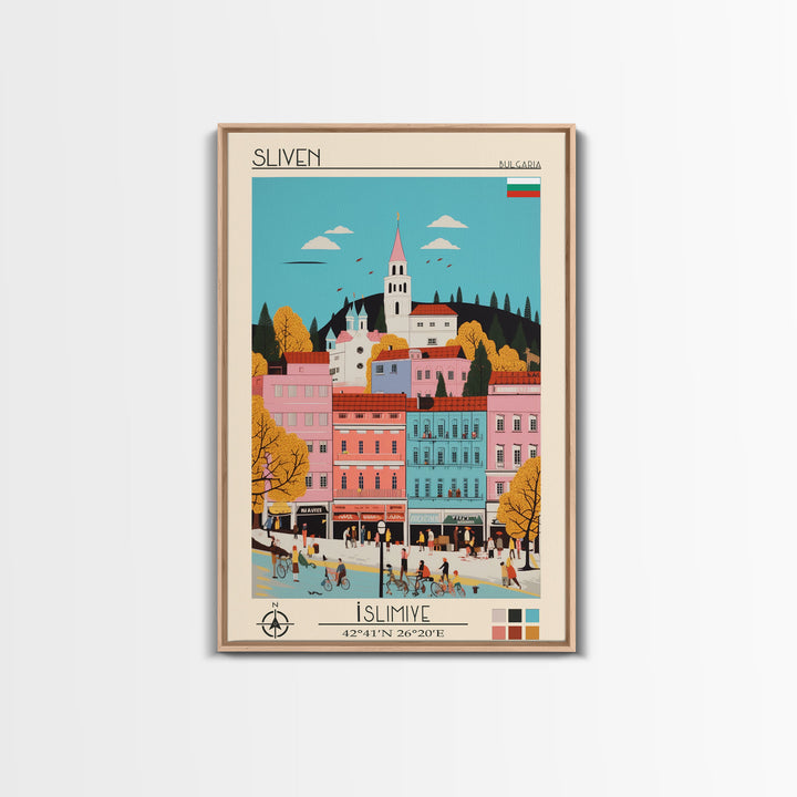 Sliven Bulgaria Travel Poster Framed Canvas Print, Midcentury Modern Art, Pop Art Wall Decor, Living Room Art, Vacation Gift