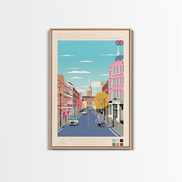 Southampton United Kingdom Travel Poster Framed Canvas Print, Midcentury Modern Art, Pop Art Wall Decor, Scenic Wall Art, Office Art