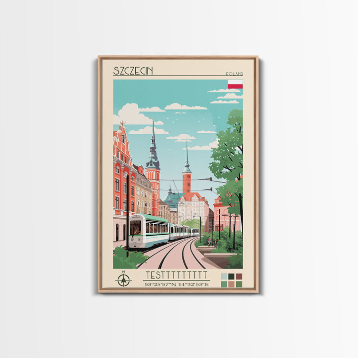 Szczecin Poland Travel Poster Framed Canvas Print, Midcentury Modern Art, Pop Art Wall Decor, Living Room Art, Scenic Wall Art
