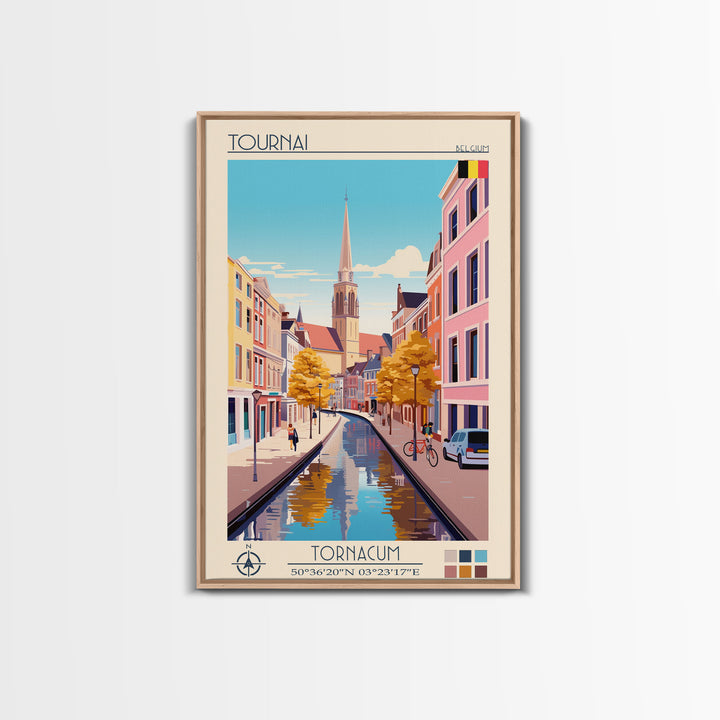 Tournai Belgium Travel Poster Framed Canvas Print, Midcentury Modern Art, Pop Art Wall Decor, Living Room Art, Scenic Wall Art