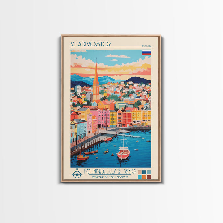 Vladivostok Russia Travel Poster Framed Canvas Print, Midcentury Modern Art, Pop Art Wall Decor, Living Room Art, Vacation Gift