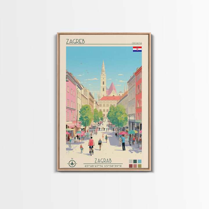 Zagreb Croatia Travel Poster Framed Canvas Print, Midcentury Modern Art, Pop Art Wall Decor, Living Room Art, Home Decoration