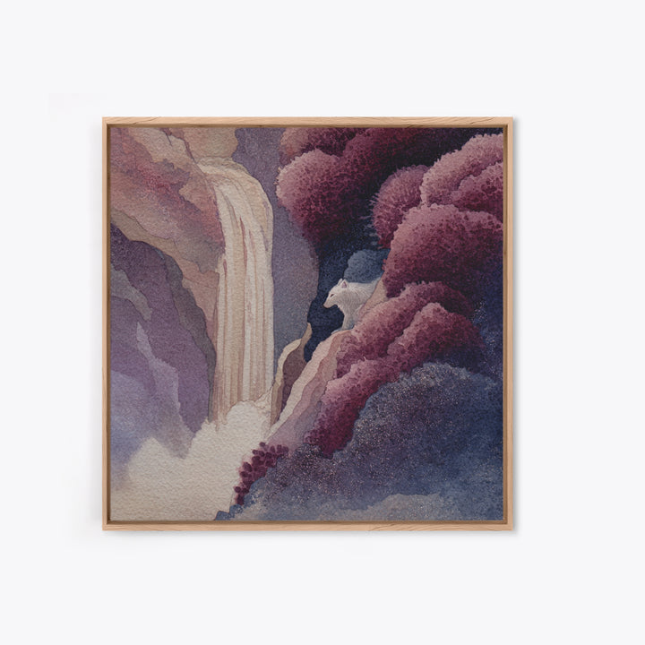 Mythic Waterfall Guarded by White Wolves Framed Canvas Print, Fantasy Art, Dragon Art, Living Room Decor, Watercolor Art, FAN-1x1-24