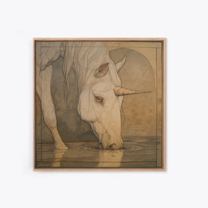 Unicorn Drinking from a Silver Stream Framed Canvas Print, Fantasy Art, Art Print, Living Room Decor, Fine Art, Mythic, FAN-1x1-40