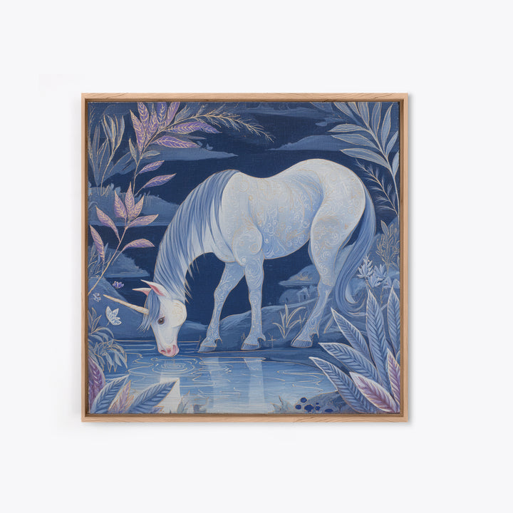 Unicorn Drinking from a Silver Stream Framed Canvas Print, Fantasy Art, Textured Painting, Living Room Decor, Fine Art, Mythic, FAN-1x1-88