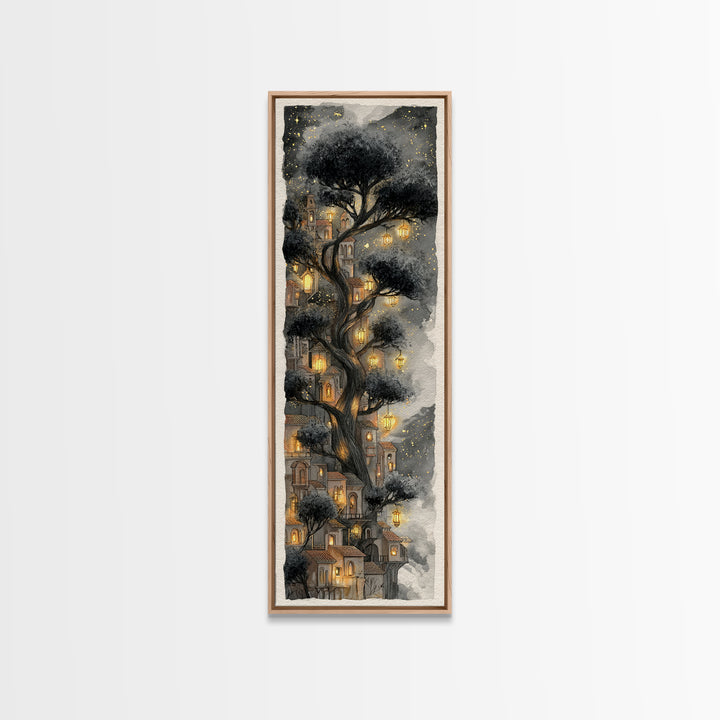 Forest Spirit with Antlers and Glowing Eyes Framed Canvas Print, Fantasy Art, Living Room Decor, Oil Painting, Mythic, FAN-1x3-24