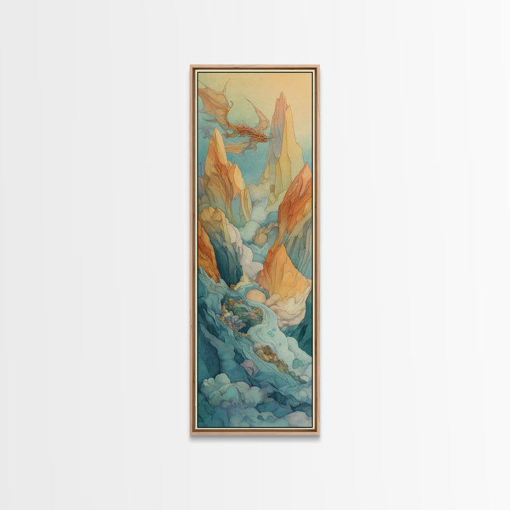 Unicorn Drinking from a Silver Stream Framed Canvas Print, Fantasy Art, Boho Wall Art, Living Room Decor, Oil Painting, Mythic, FAN-1x3-76