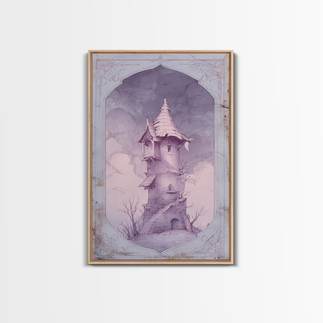 Wizard Tower under a Violet Storm Sky Framed Canvas Print, Fantasy Art, Wall Art, Living Room Decor, Fine Art, Mythic, FAN-2x3-60
