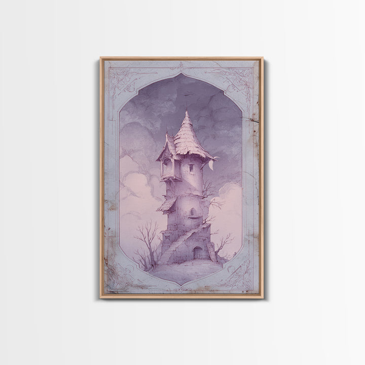Wizard Tower under a Violet Storm Sky Framed Canvas Print, Fantasy Art, Wall Art, Living Room Decor, Fine Art, Mythic, FAN-2x3-60