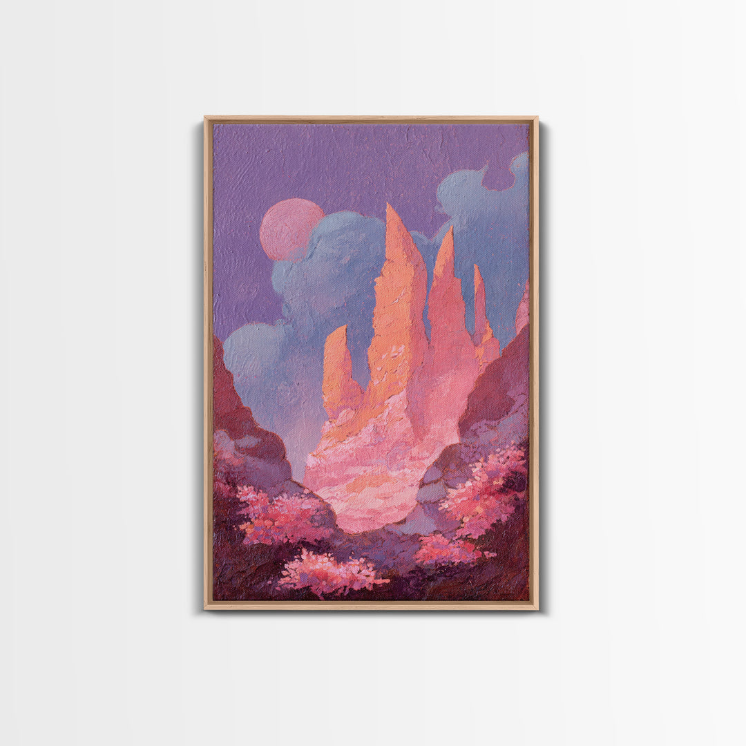 Wizard Tower under a Violet Storm Sky Framed Canvas Print, Fantasy Art, Dragon Art, Living Room Decor, Fine Art, Mythic, FAN-2x3-84