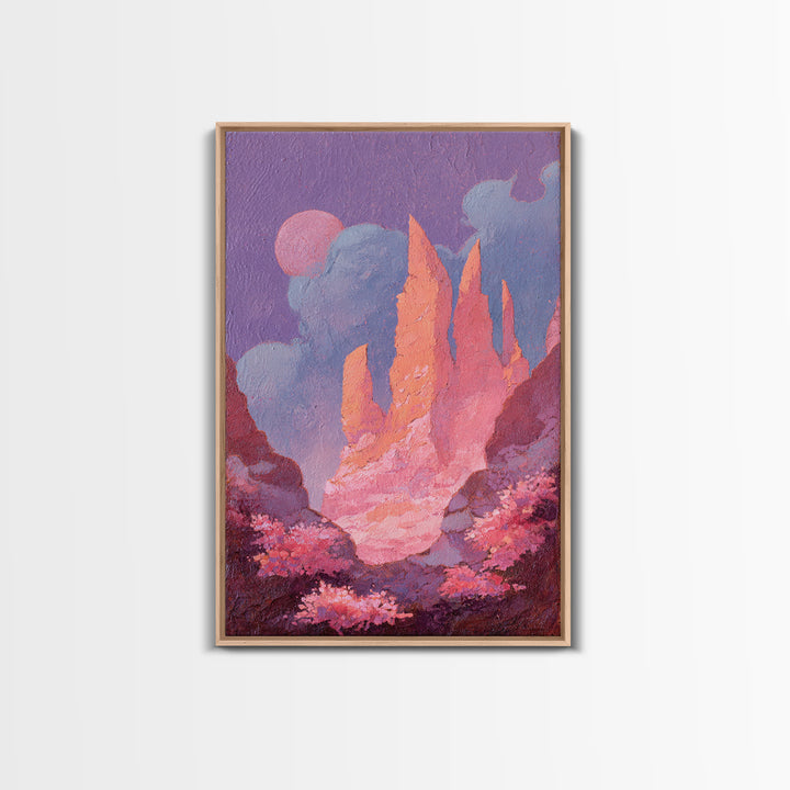 Wizard Tower under a Violet Storm Sky Framed Canvas Print, Fantasy Art, Dragon Art, Living Room Decor, Fine Art, Mythic, FAN-2x3-84