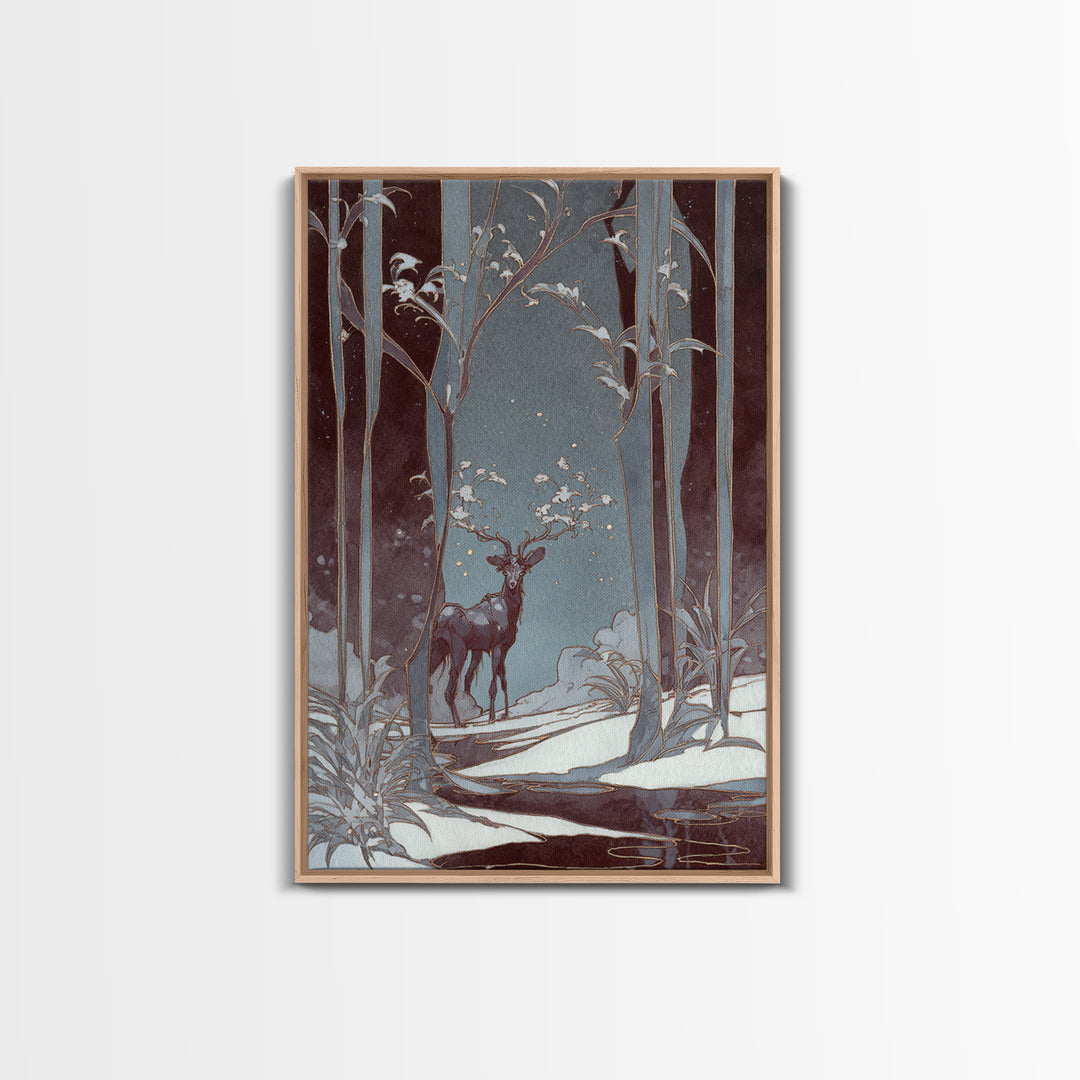 Forest Spirit with Antlers and Glowing Eyes Framed Canvas Print, Fantasy Art, Gallery Decor, Living Room Decor, Mythic, FAN-2x3-92