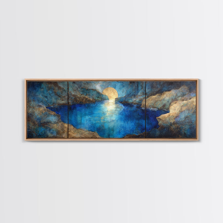 Crystal Cave with Luminous Blue Reflections Canvas Print, Fantasy Art, Art Print, Living Room Decor, Oil Painting, Mythic, FAN-3x1-70