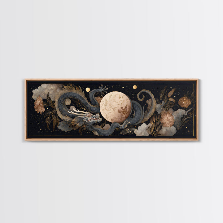 Celestial Dragon Wrapped Around a Moon Canvas Print, Fantasy Art, Art, Living Room Decor, Fine Art, Mythic, Watercolor Painting, FAN-3x1-78