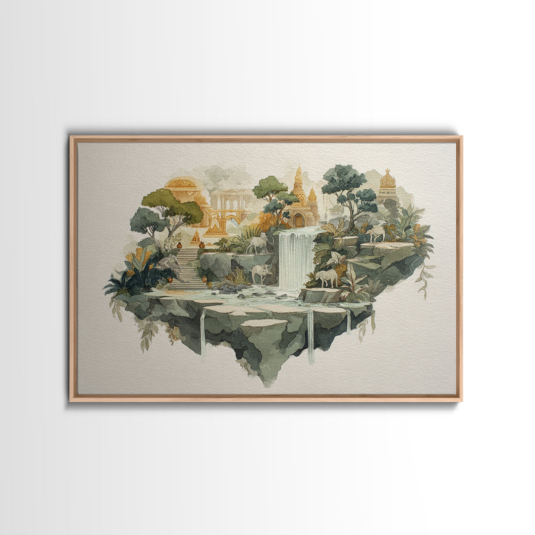 Floating Island with Waterfalls and Ancient Ruins Canvas Print, Fantasy Art, Fantasy Art Print, Living Room Decor, Mythic, FAN-3x2-79