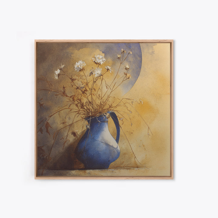 Blue Enamel Pitcher Framed Canvas Print, Farmhouse Art, Art Print, Farmhouse Decor, Watercolor Art, Harvest, Digital Art, FAR-1x1-40