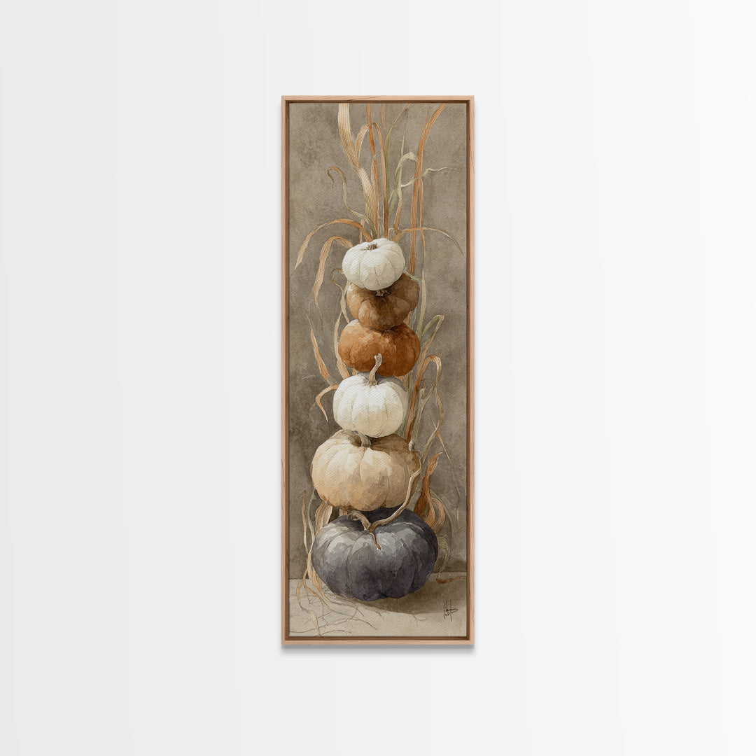 Pumpkins Stacked on a Wooden Crate Canvas Print, Farmhouse Art, Landscape Painting, Farmhouse Decor, Watercolor Art, Harvest, FAR-1x3-1