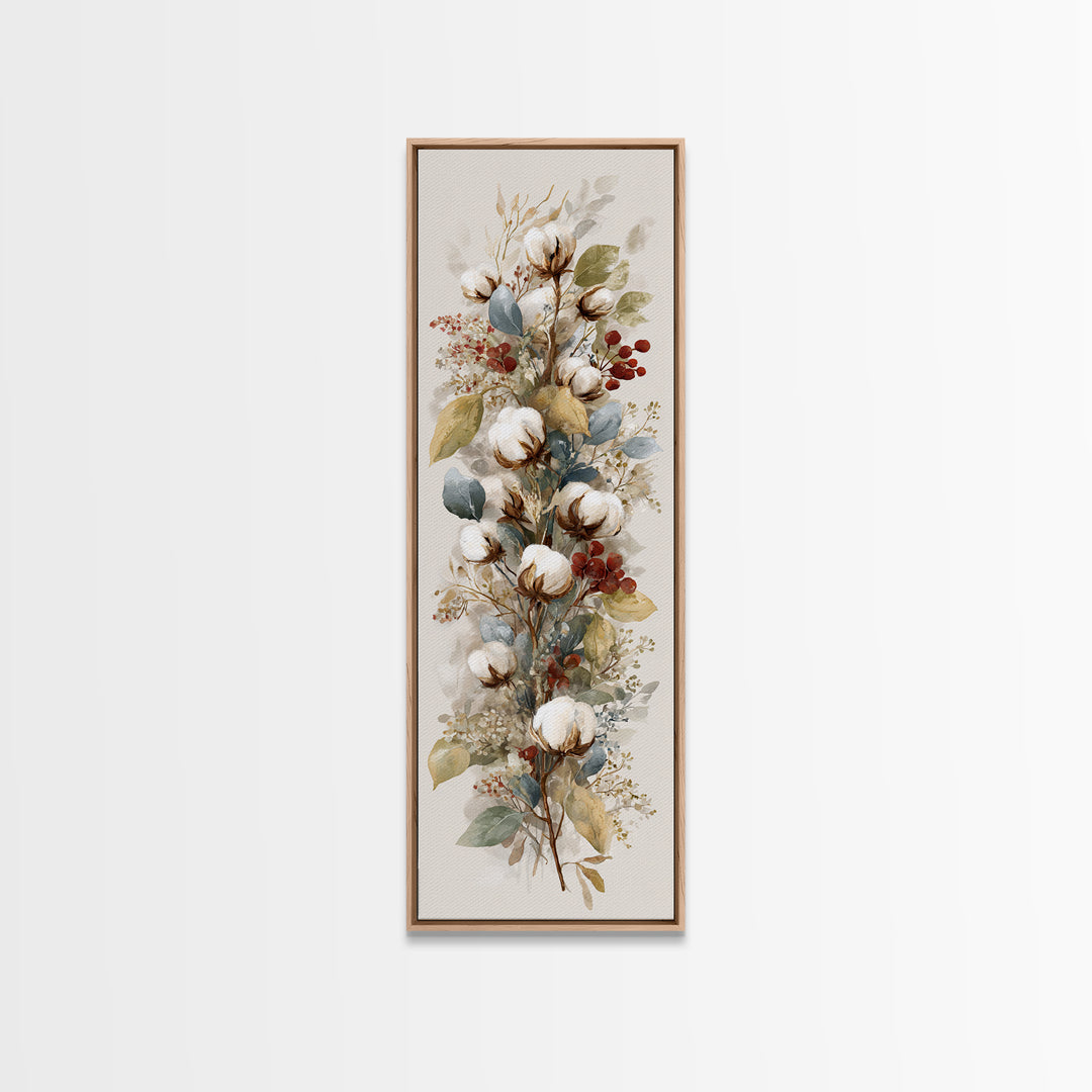 Farmhouse Wreath of Cotton Stems and Eucalyptus Canvas Print, Farmhouse Art, Textured Painting, Farmhouse Decor, Harvest, FAR-1x3-32