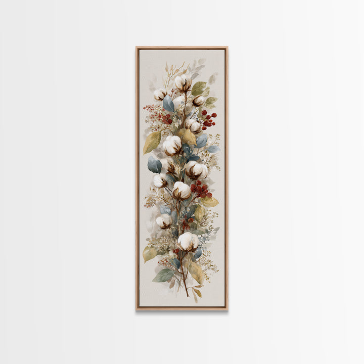 Farmhouse Wreath of Cotton Stems and Eucalyptus Canvas Print, Farmhouse Art, Textured Painting, Farmhouse Decor, Harvest, FAR-1x3-32