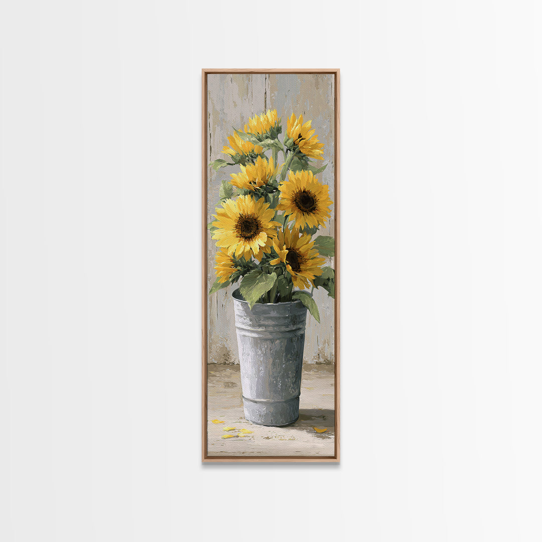 Sunflowers in a Galvanized Metal Bucket Canvas Print, Farmhouse Art, Digital Art, Farmhouse Decor, Oil Painting, Harvest, FAR-1x3-39