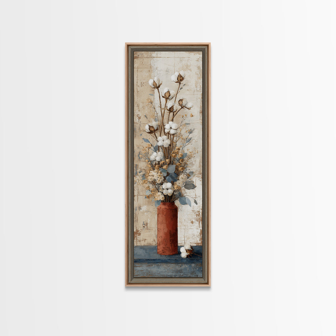Farmhouse Wreath of Cotton Stems and Eucalyptus Framed Canvas Print, Farmhouse Art, Farmhouse Decor, Fine Art, Harvest, FAR-1x3-80
