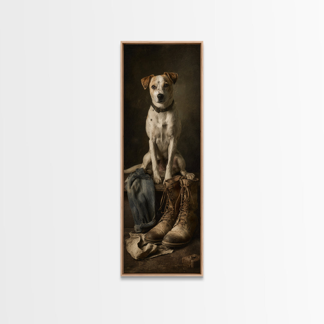 Farm Dog Lying Beside Weathered Boots Canvas Print, Farmhouse Art, Minimalist Decor, Farmhouse Decor, Fine Art, Harvest, FAR-1x3-93