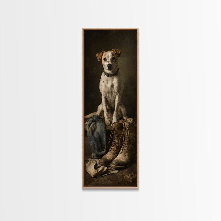 Farm Dog Lying Beside Weathered Boots Canvas Print, Farmhouse Art, Minimalist Decor, Farmhouse Decor, Fine Art, Harvest, FAR-1x3-93