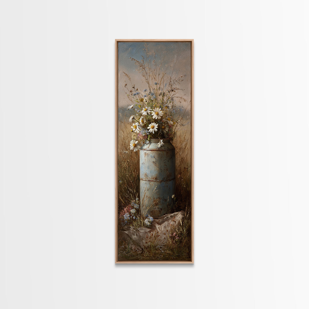 Old Milk Can Framed Canvas Print, Farmhouse Art, Watercolor Painting, Farmhouse Decor, Abstract Art, Harvest, Botanical Art, FAR-1x3-96