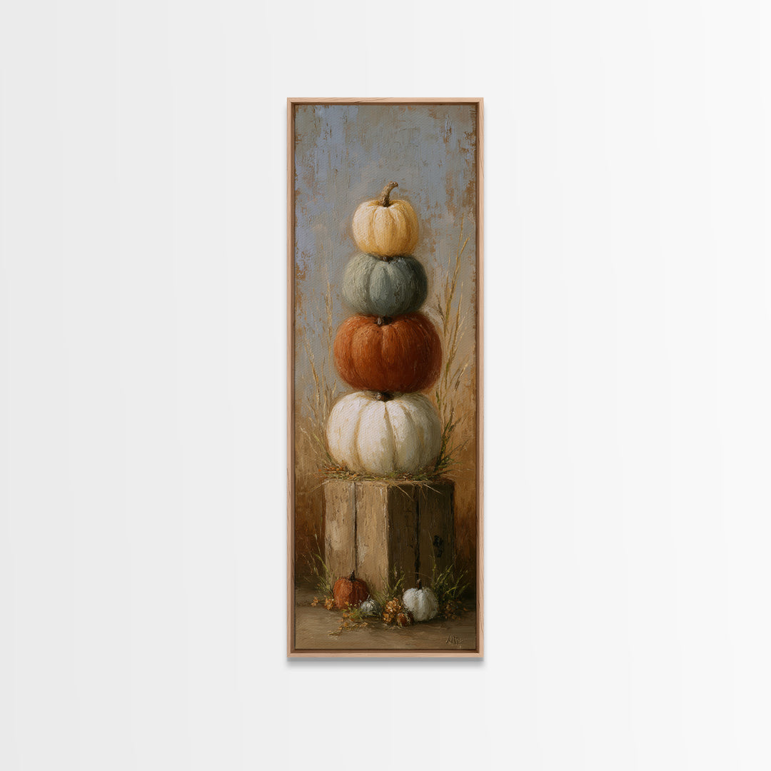 Pumpkins Stacked on a Wooden Crate Canvas Print, Farmhouse Art, Landscape Art, Farmhouse Decor, Oil Painting, Harvest, FAR-1x3-97