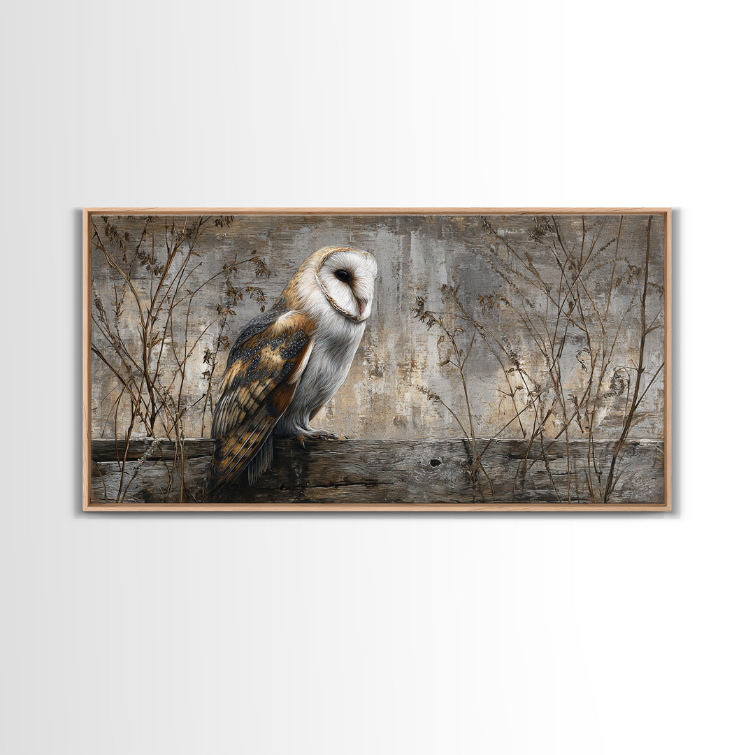 Barn Owl Perched on Aged Wood Framed Canvas Print, Farmhouse Art, Gallery Wall, Farmhouse Decor, Fine Art, Harvest, Art Print, FAR-2x1-19
