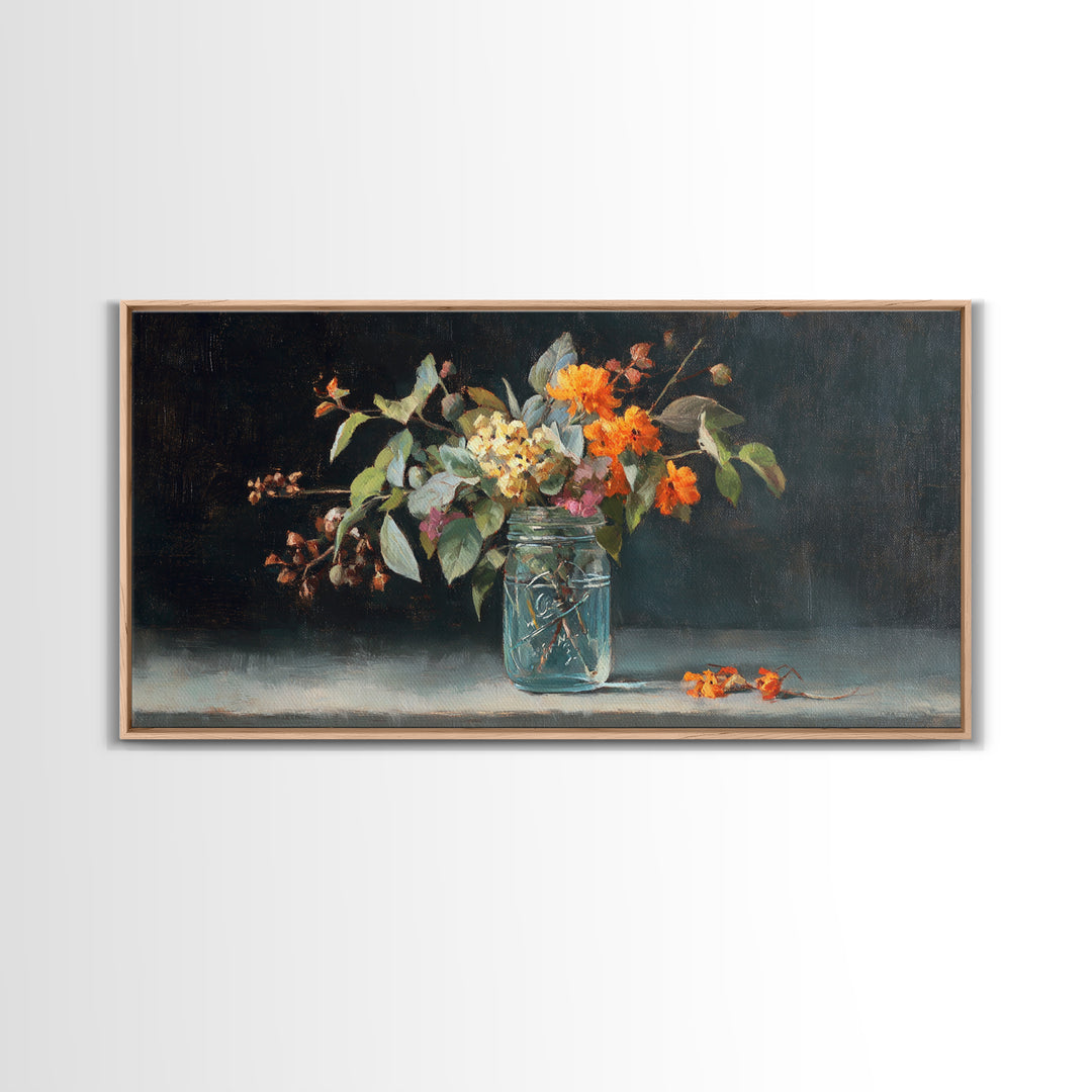 Wildflowers in a Mason Jar on Linen Framed Canvas Print, Farmhouse Art, Fine Art Print, Farmhouse Decor, Fine Art, Harvest, FAR-2x1-27