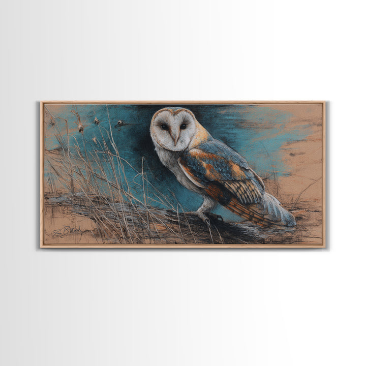 Barn Owl Perched on Aged Wood Framed Canvas Print, Farmhouse Art, Landscape Art, Farmhouse Decor, Fine Art, Harvest, FAR-2x1-67