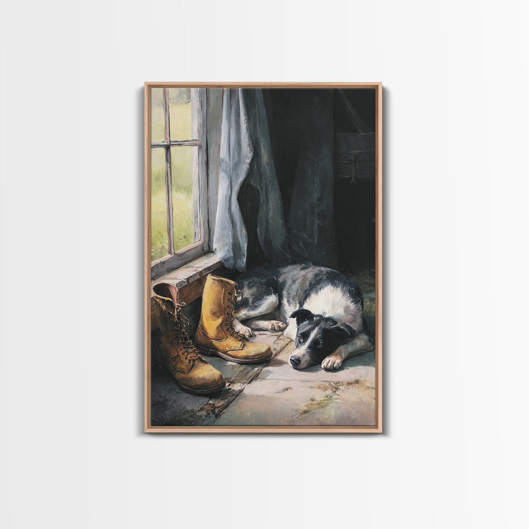 Farm Dog Lying Beside Weathered Boots Framed Canvas Print, Farmhouse Art, Wall Decor, Farmhouse Decor, Abstract Art, Harvest, FAR-2x3-17