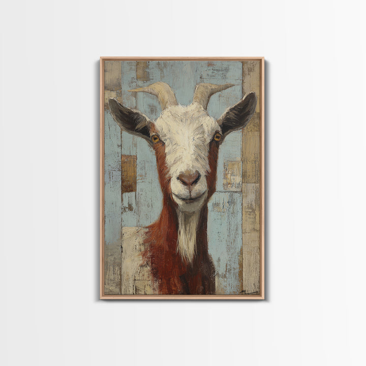 Goat Portrait with Playful Expression Framed Canvas Print, Farmhouse Art, Boho Decor, Farmhouse Decor, Fine Art, Harvest, FAR-2x3-2