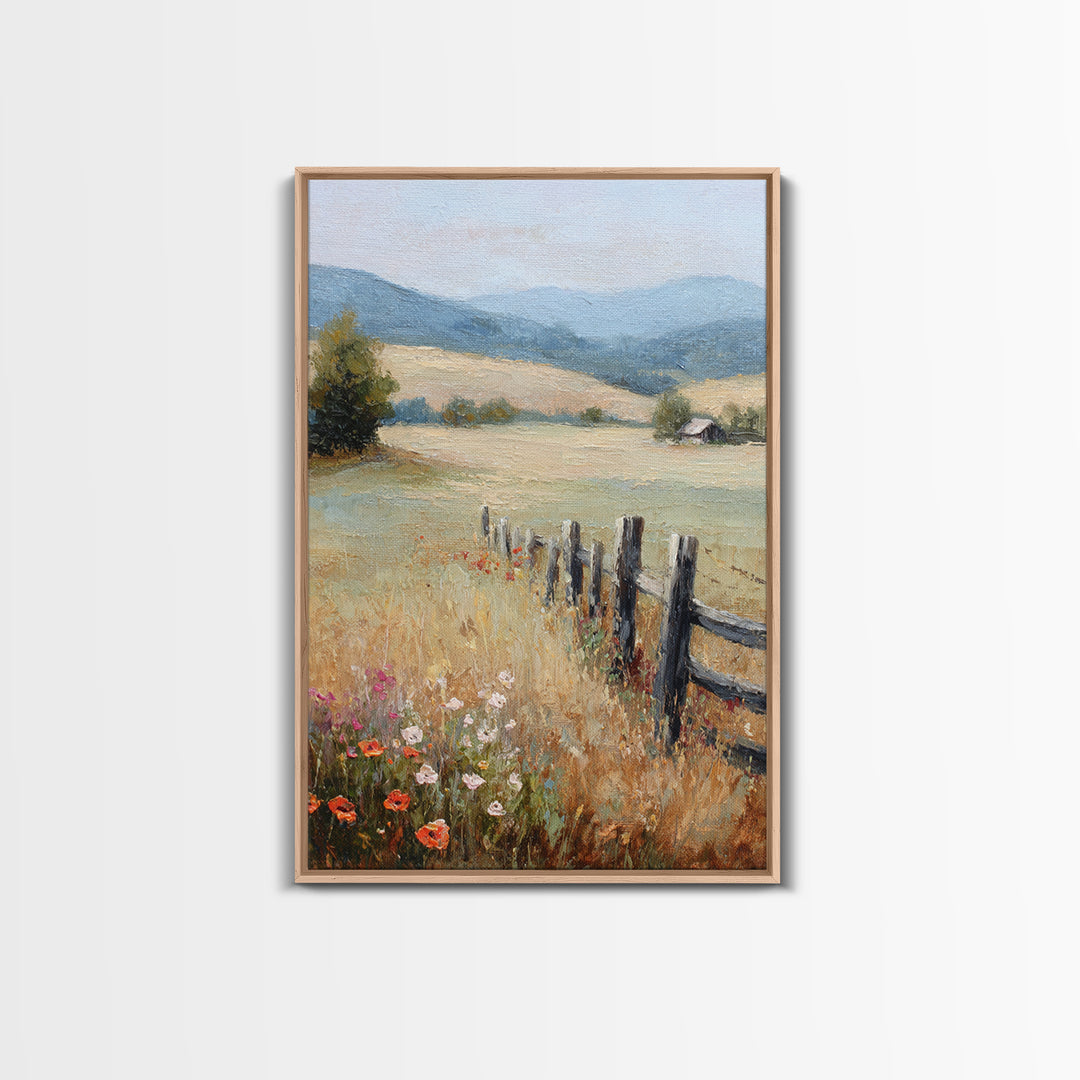 Country Landscape with Fence and Rolling Hills Framed Canvas Print, Farmhouse Art, Textured Painting, Farmhouse Decor, Harvest, FAR-2x3-22