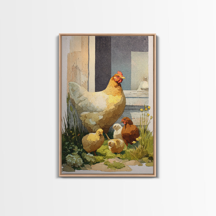 Chicken Family in a Garden Patch Canvas Print, Farmhouse Art, Art Print, Farmhouse Decor, Fine Art, Harvest, Digital Art, FAR-2x3-23